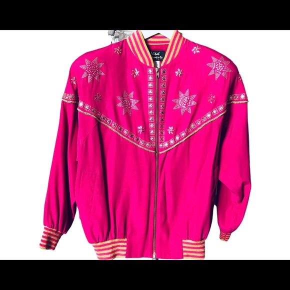 Embroidered Pink Bomber Jacket Glamorous Studded Metallic - Picture 8 of 10